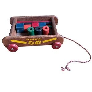 Vintage‎ 1950s Playskool Toy Wagon Pull Cart Learning Toy wooden blocks
